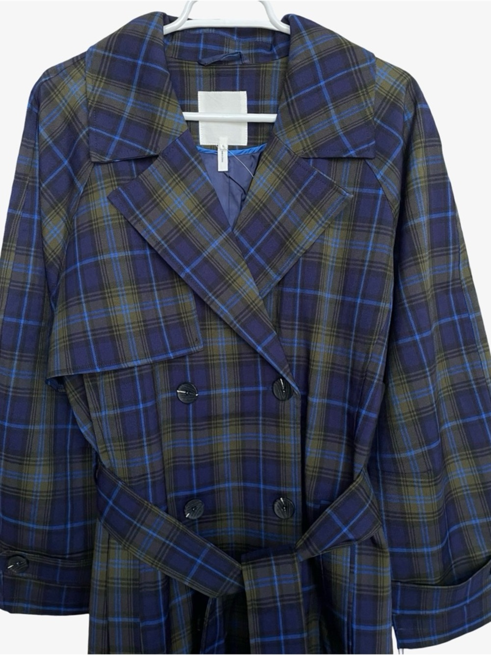 Avec Les Filles Double-Breasted Trench Coat Navy Plaid Large NWT - Picture 6 of 16
